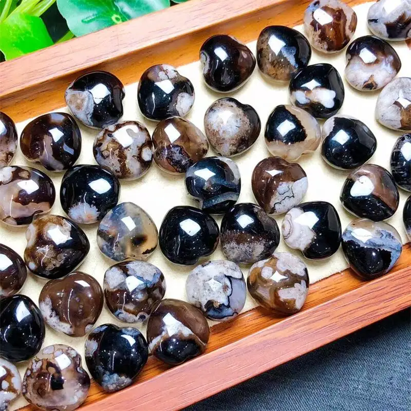 

10pcs Natural Black Flower Agate Heart Crystal Quartz Carvings Mineral Healing Gemstone Home Room Decor 16mm