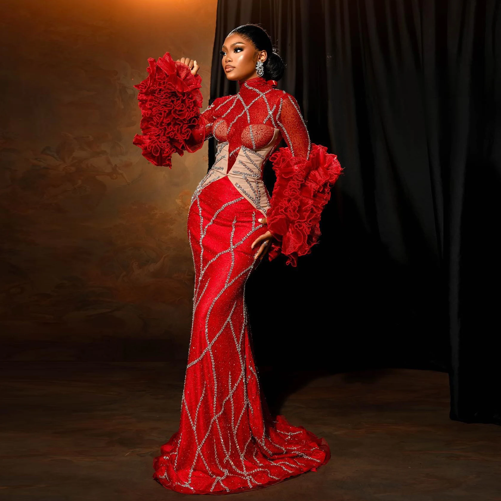 Women Prom Dresses African Beaded Lace Mock Mermaid Prom Dresses Ruffles Tulle Flare Sleeves Long Prom Gowns
