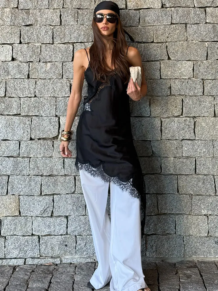 HH Women Sexy Chic Lace Dress Asymmetry Hem Backless Sleeveless V Neck Dresses Woman Elegant Fashion Evening Club Mini Dress