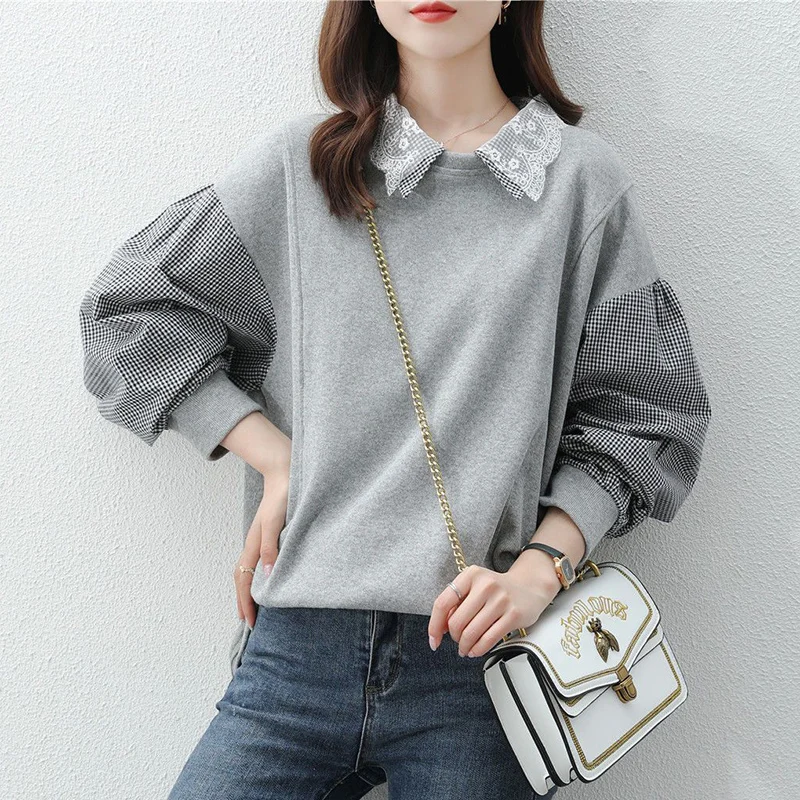 Fashion Loose Lapel Lace Spliced Plaid Sweatshirts Female Clothing 2023 Autumn Winter Oversized Casual Tops Korean Sweatshirts