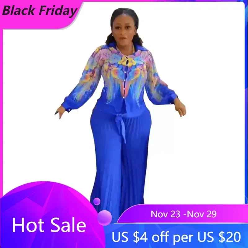 African Set 3 Piece Woman African Long Sleeve V-neck Printing Black Blue Pink White Top Inner Long Pant L-2XL African Clothes