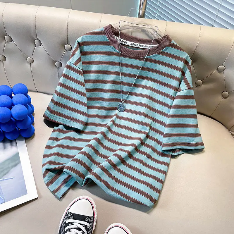 

Boys' Girls' Short Sleeve Striped Round Neck Top, Middle and Big Children's Casual Half Sleeve Summer Children's T-shirt 12Y+