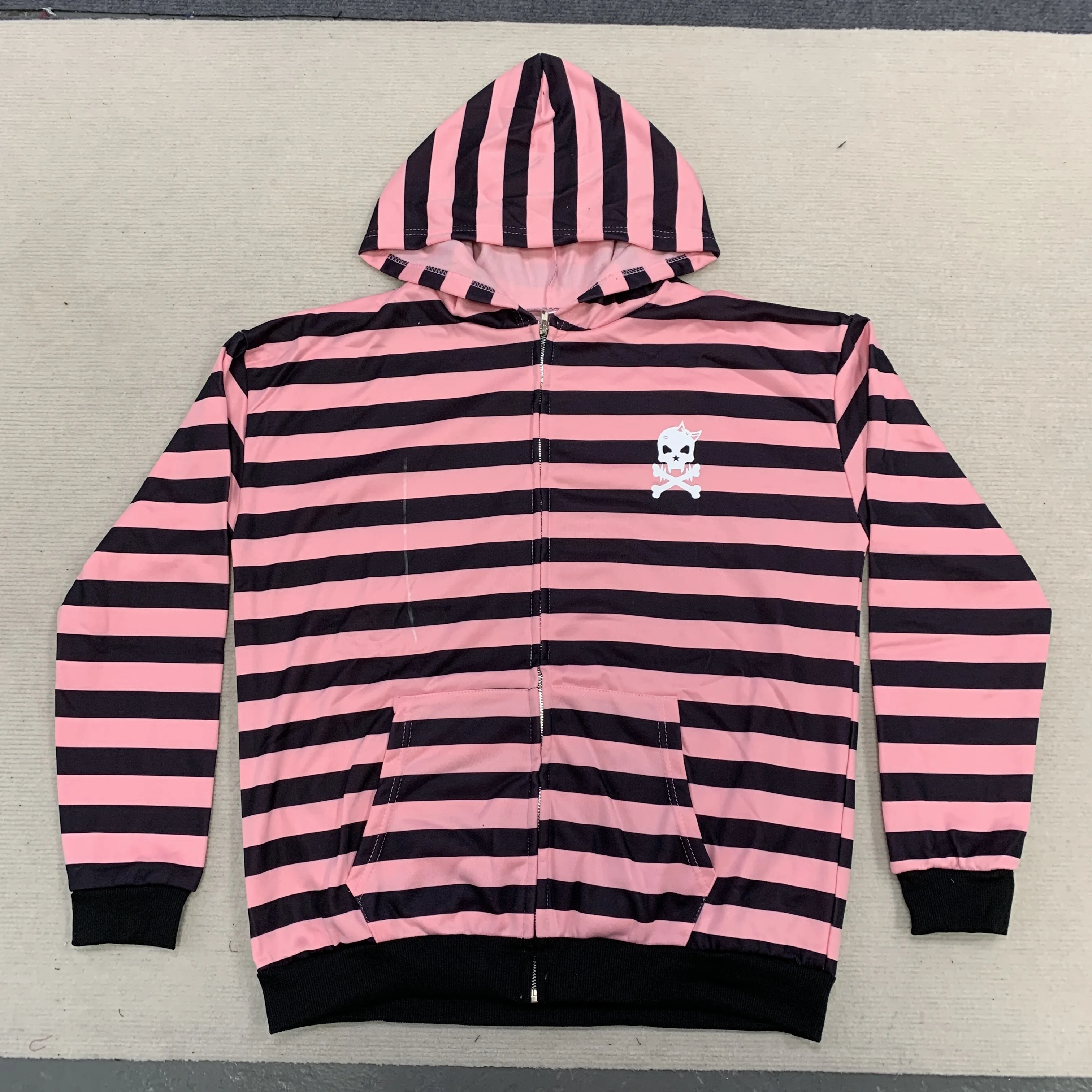 Pink and Black Striped Hooded Zipper Jacket, Spring and Summer Hooded Cardigan, Loose Zipper, Couple's Casual Hip-Hop Style