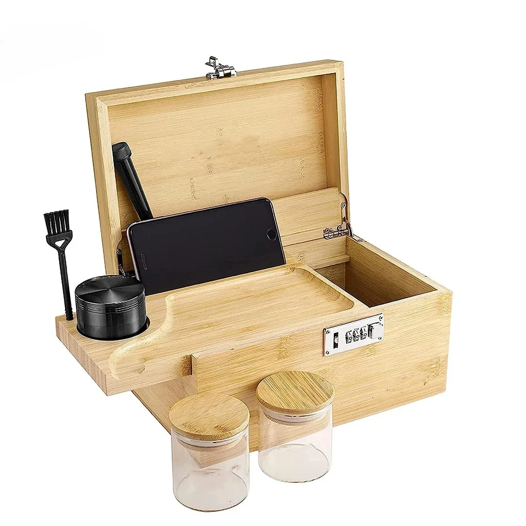 Bamboo storage box with combination lock, large bamboo combination box storage box, glass jar and herb grinder, Christmas gift 2