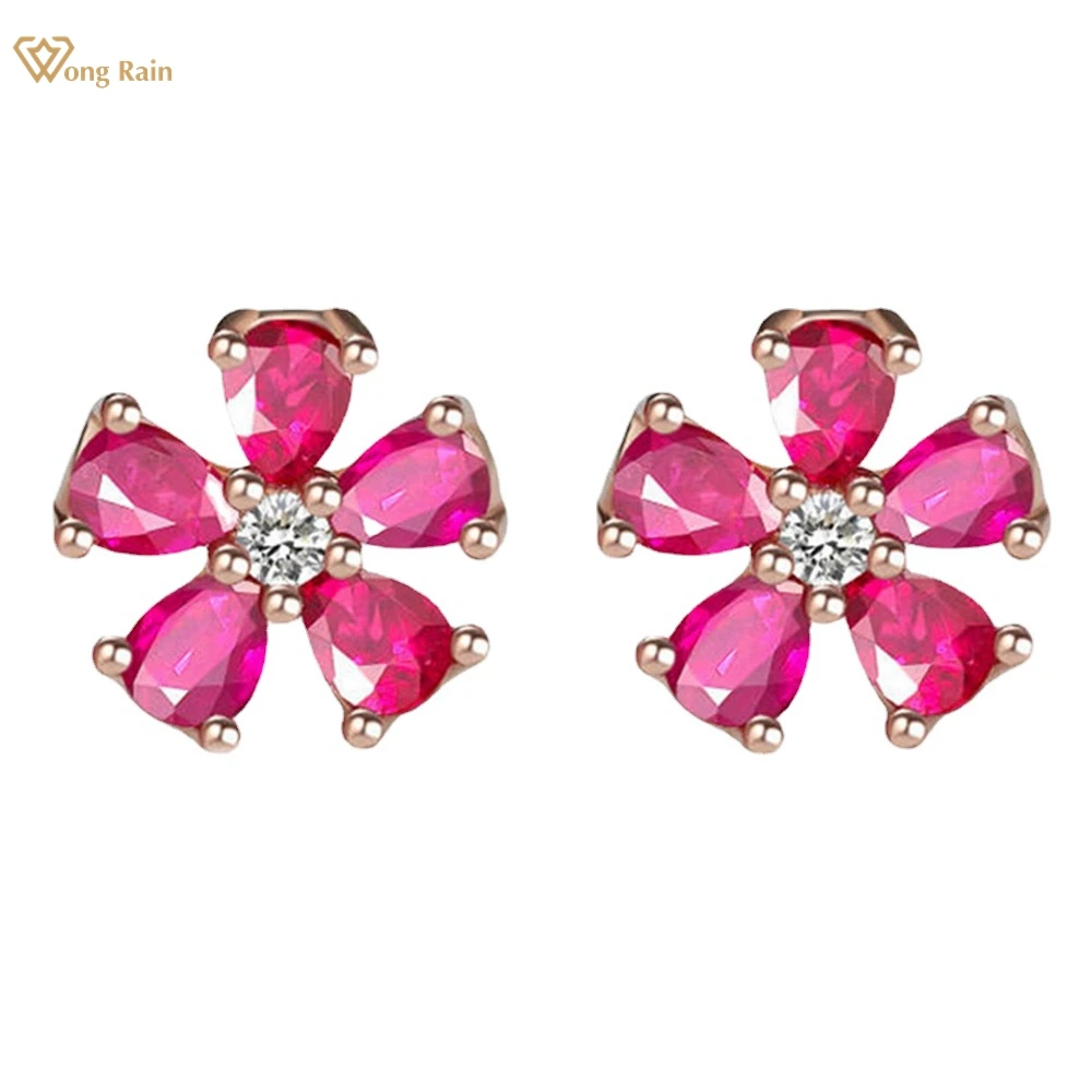 

Wong Rain 925 Sterling Silver Pear Cut Lab Ruby High Carbon Diamond Gemstone Flower Studs Earrings Jewelry For Women Wholesale