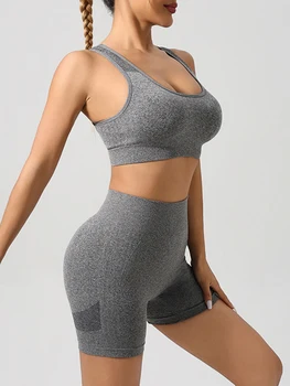 Women Workout Sets 2 Piece Stretchy Sports Bra and High Waisted Seamless Workout Shorts Sets Gym Clothes 2