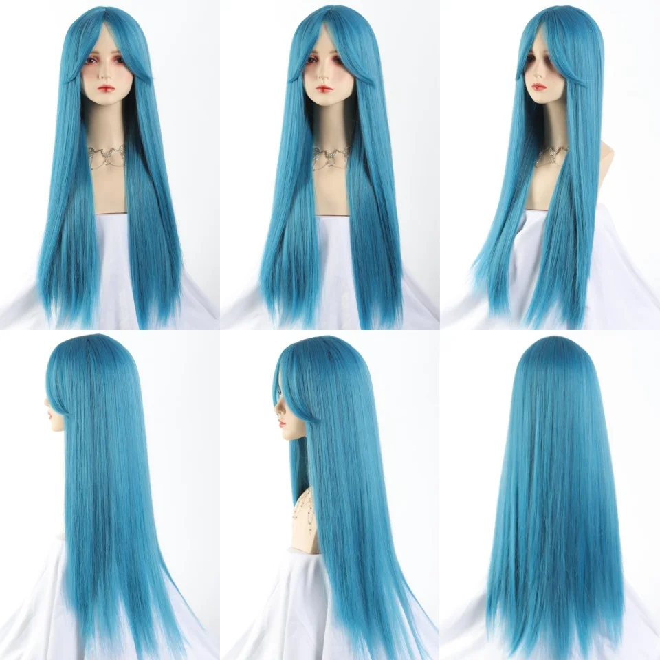 Synthetic Blue Green Straight Wigs with Bangs for Women
