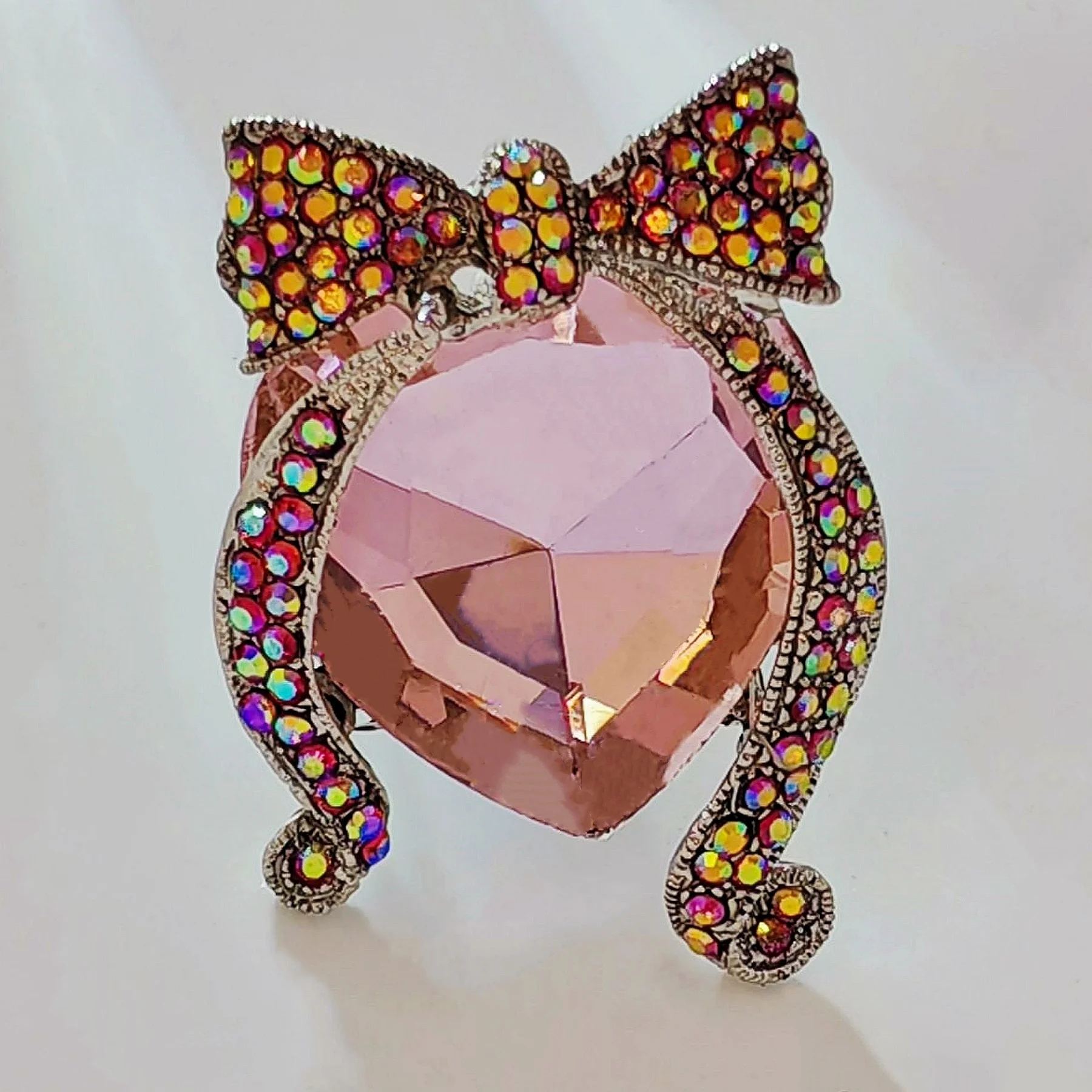 

Designer Fashion Rainbow Colored Ribbon Bow & Girl Head Brooch Pin with Pink Stone Accent Beauty Profile Jewelry for Women Dress
