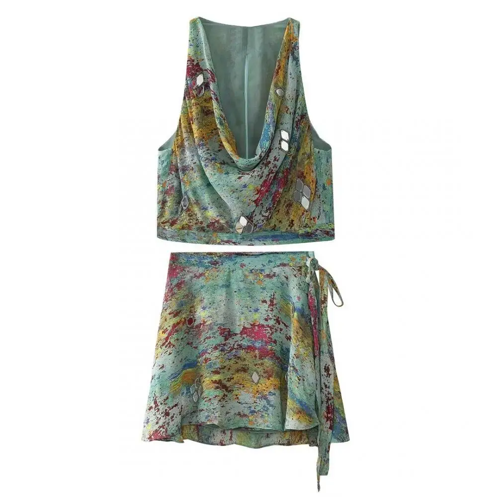 

Summer Women's Skirts Sets Vintage Print Short Skirt Woman Tied High Waist Mini Skirt for Women Fashion Mirror Appliques