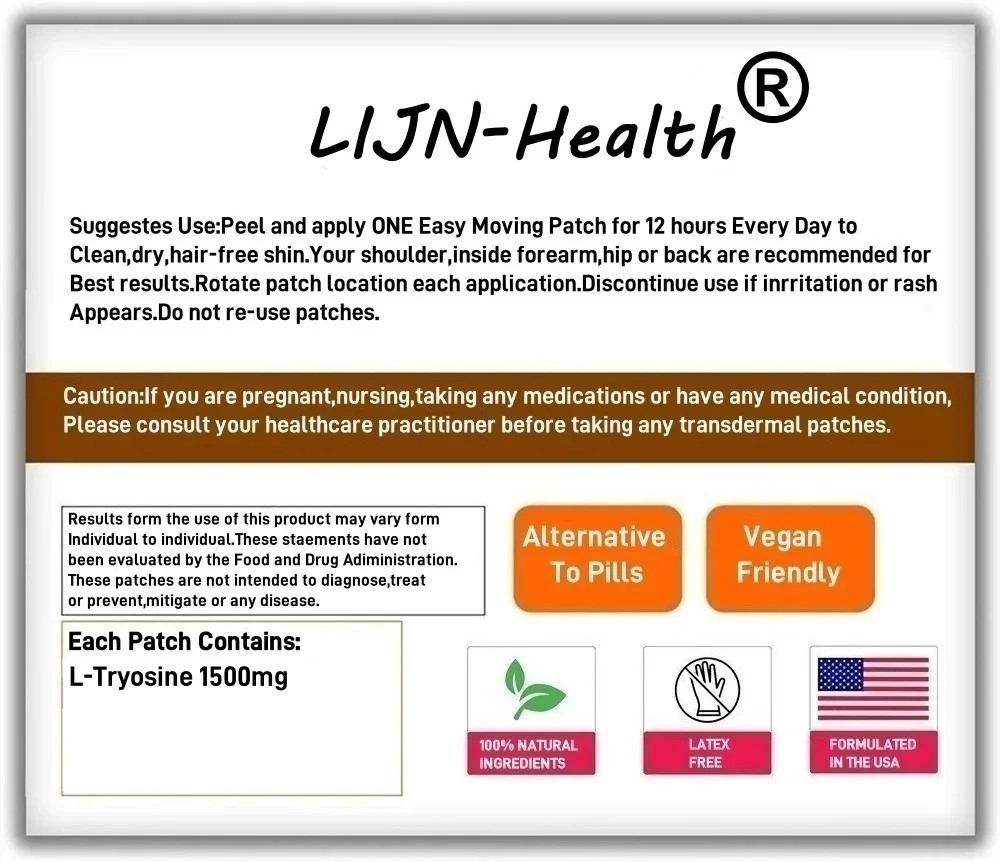 30 Patches L Tyrosine Transdermal Patches &ndash; Support for Memory, Cognitive Health, and Mental Alertness