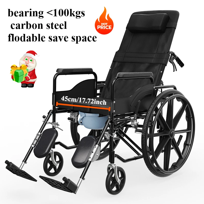 2 in 1 180 degrees Flip Sleepable Recumbable Wheelchair Folding Lightweight Small PortableToilet Multifunctional Trolley
