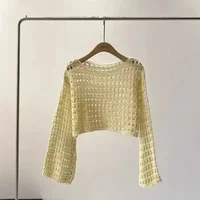 2024 Y2K Long Sleeve Crochet Knit Top Summer Beach Bikini Cover Up Crop Pullover Wool Knitwear Blouse Women Vacation Boho Outfit - Image 5