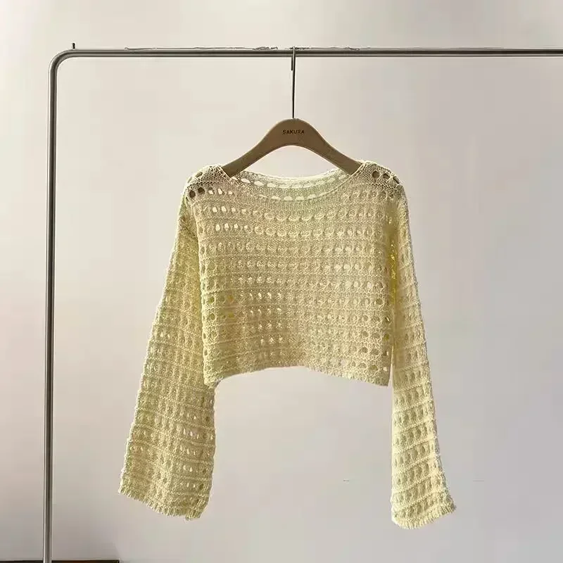 2024 Y2K Long Sleeve Crochet Knit Top Summer Beach Bikini Cover Up Crop Pullover Wool Knitwear Blouse Women Vacation Boho Outfit 5