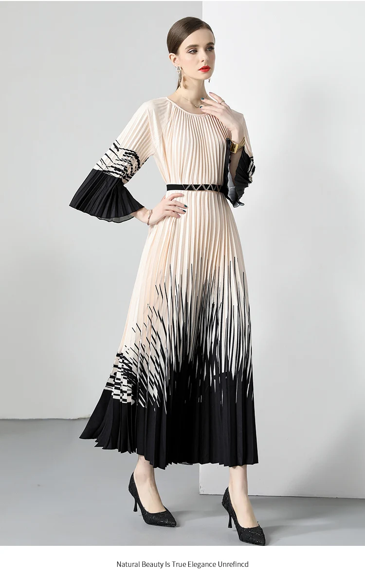 Miyake New Summer Pleated Long Dress Women O-Neck Lace-up Belt Print Loose Large Size Vintage Party  Vestidos Maxi Dress 2023