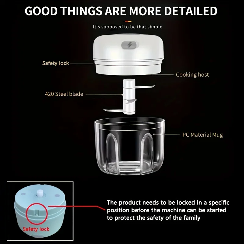 USB 충전식 고속 전기 다지기, 효율적인 다용도 고기 및 채소 연마기, 가정 요리사에 적합, 250ml