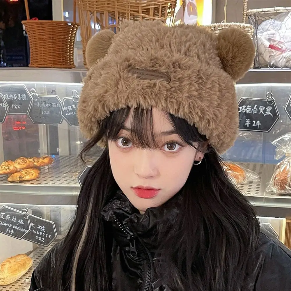 Cute Ear Women Earmuffs Cap Cartoon Bear Ear Protection Hat Solid Color Plush Beanies Girl Winter Warm Fluffy Fur Headgear 모자 2