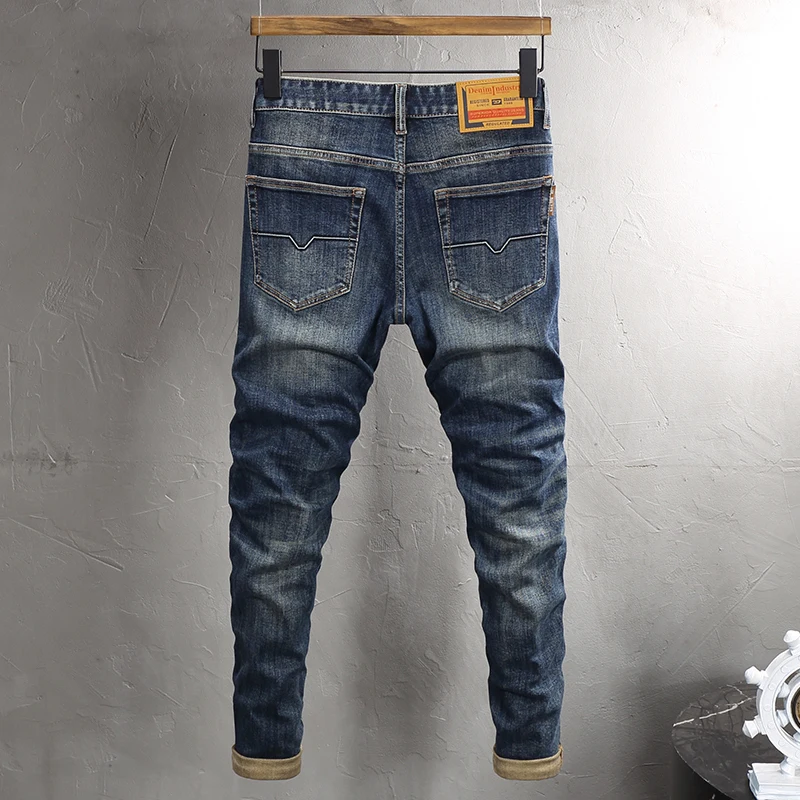 Fashion Vintage Men Jeans High Quality Retro Washed Blue Elastic Stretch Slim Fit Ripped Jeans Men Casual Designer Denim Pants