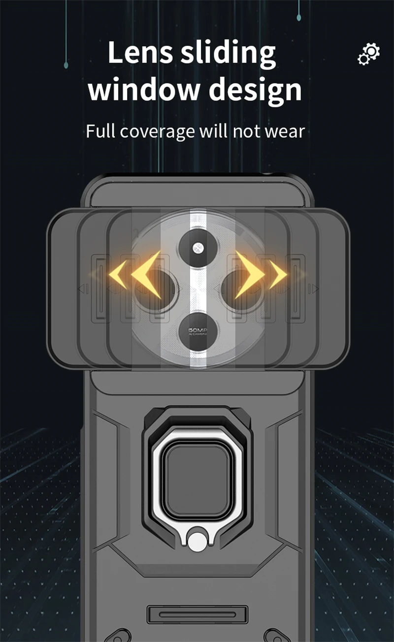 Armor Protective Case with Car Magnetic Ring Stand and Slide Lens Cover