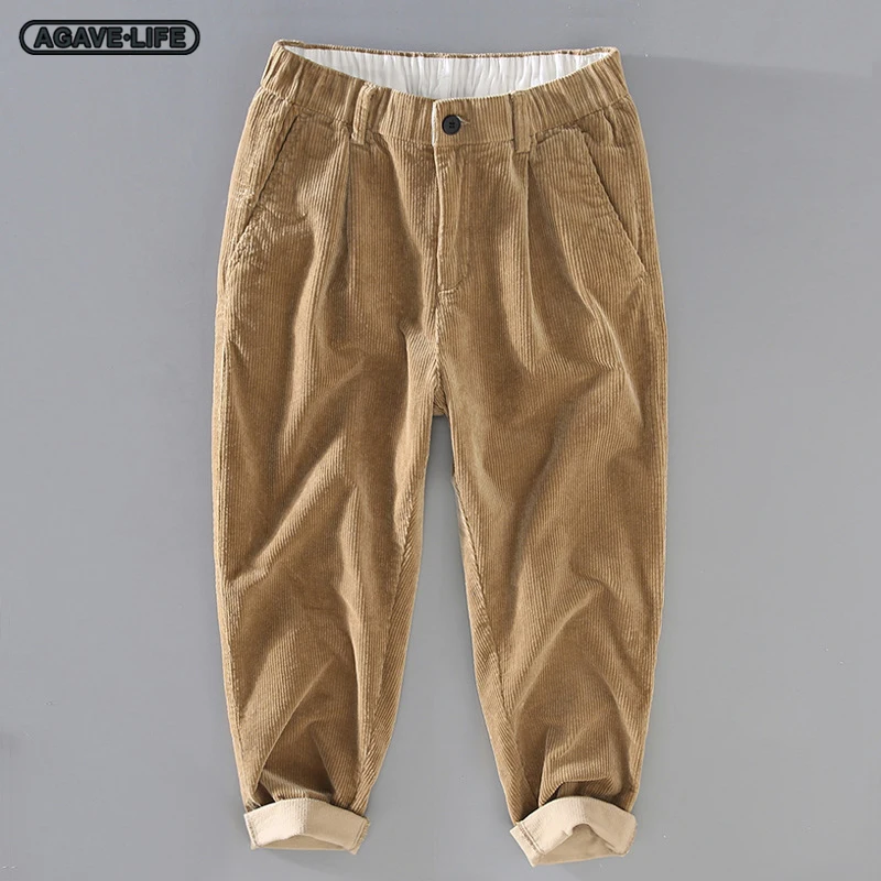 

Брюки мужские вельветовые свободного покроя, базовые утепленные Хлопковые Штаны, повседневные штаны до щиколотки, японский стиль, Осень-зима