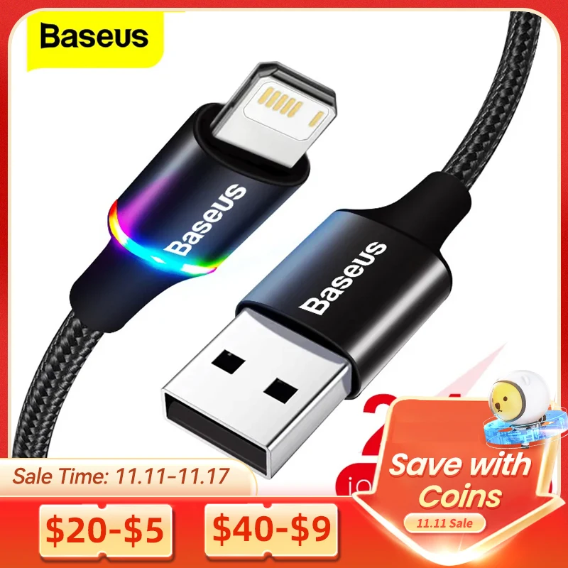  Baseus LED USB Cable For iPhone 13 12 11 Pro Xs Max X Xr 8 7 6 Fast Charging Charger Mobile Phone Data Cable For iPad Wire Cord 