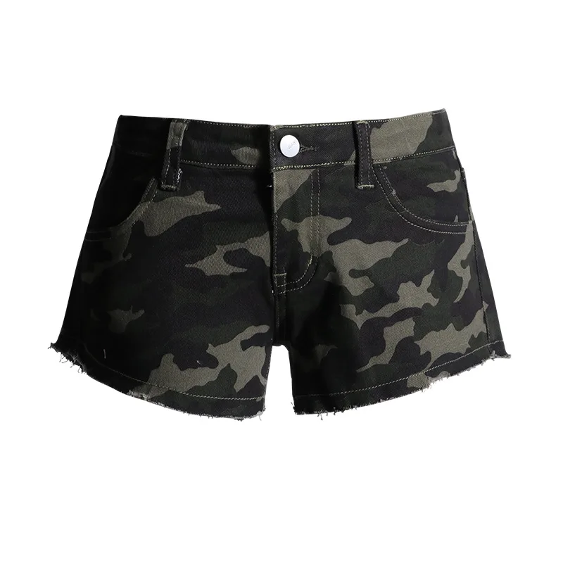 Denim Planet Spicy Girl Little Camo Fleece Denim Shorts Women's Summer New Low Waist Elastic Slim Fit Show Legs Long Heat Pants