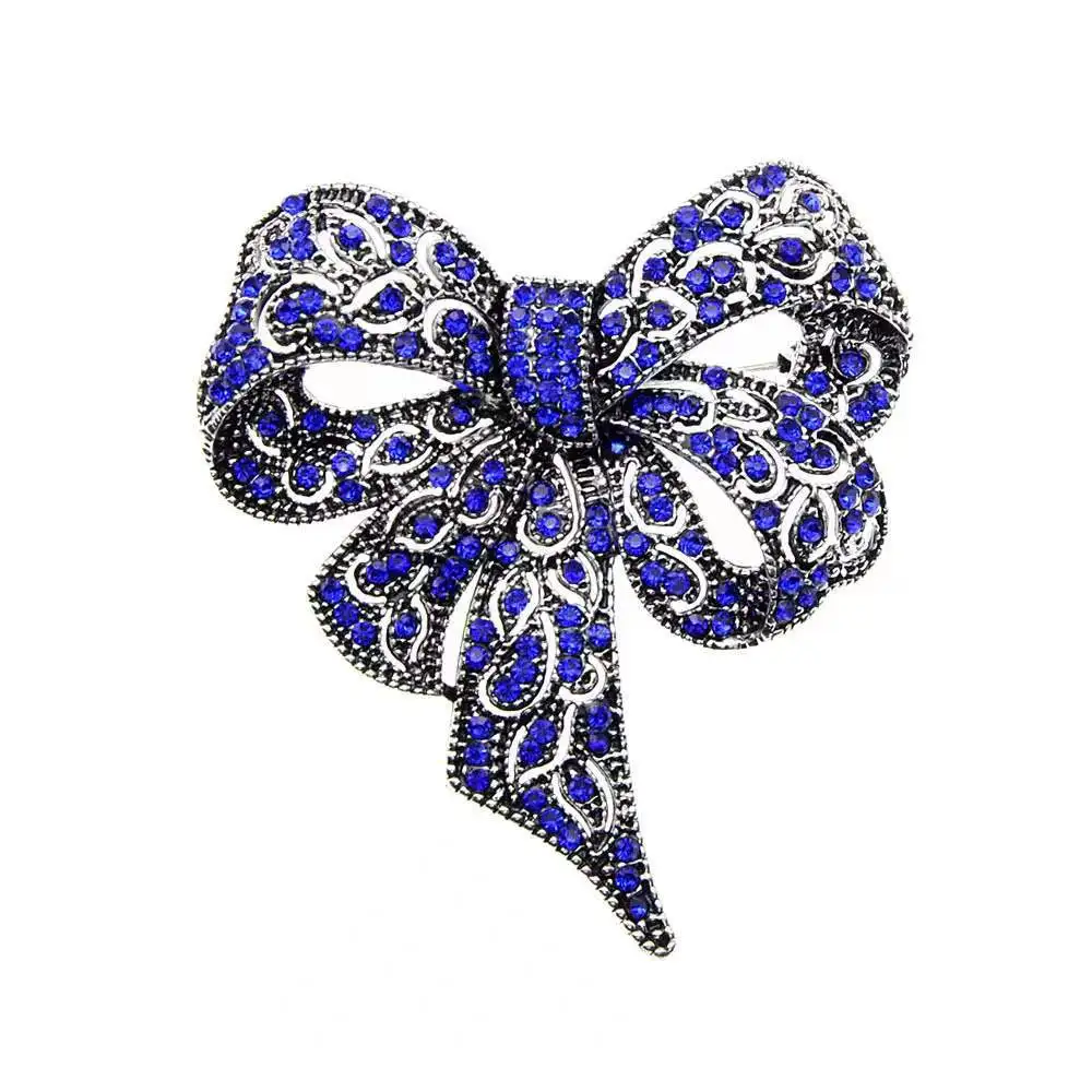 TRPOPSYN Blue Rhinestone Bowknot Brooches For Women Vitage Metal Flower Weddings Party Office Brooch Pins Gifts