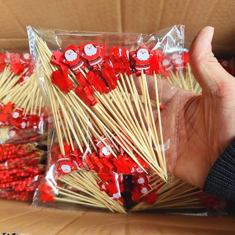 

50Pcs/bag Christmas Fruit Sticks Disposable Bamboo Sticks Snowflake Christmas Tree Elk Santa Claus Snowman Sticks Xmas Ornaments