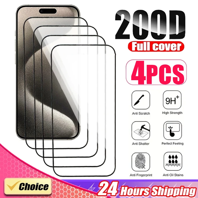 

4pcs Tempered Glass For iPhone 15 Pro Max Mini Screen Protector For iphone 14 13 12 11 7 8 Plus X XR XS Max Protective Glass