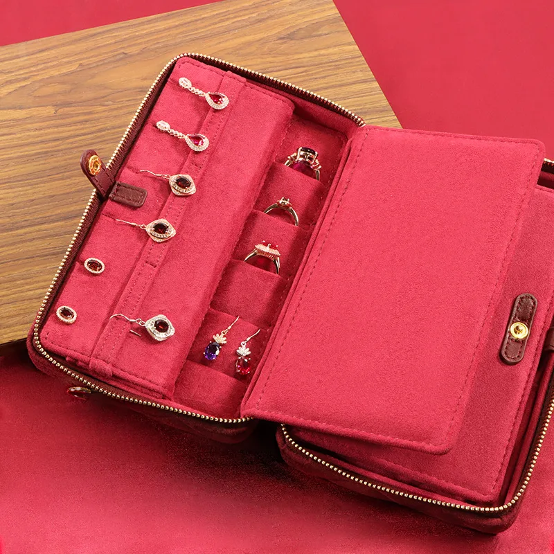 

Fashion High End Jewelry Bag with Zipper Travel Portable Jewelry Storage Case Leather Earrings Necklaces Rings Jewellery Box