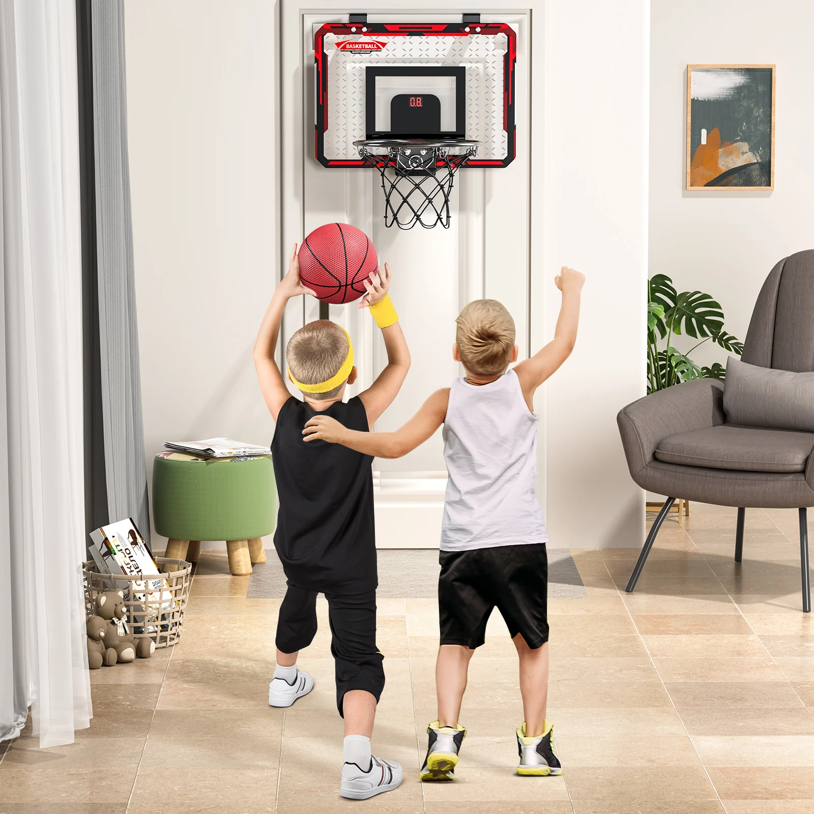 TEMI Basketbalkorf voor binnen, mini-basketbalkorf met 4 ballen, boven de deur, basketbalbord voor kinderen en volwassenen, basketbalspeelgoed voor jongens en meisjes van 3 tot 12