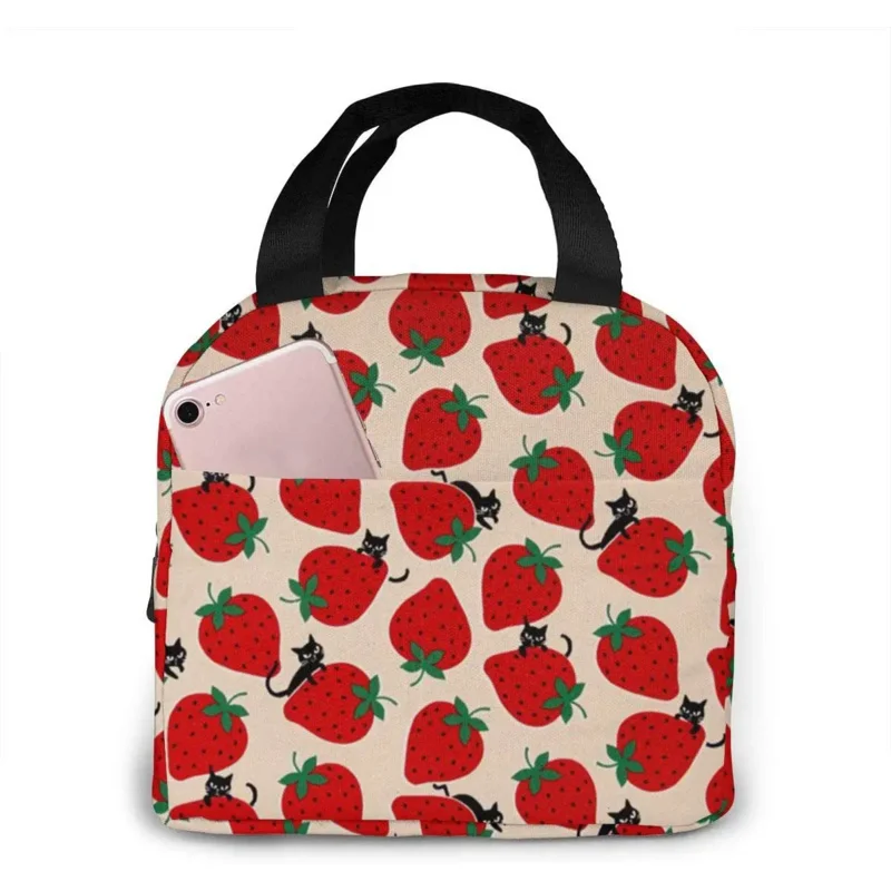 

Black Cat On Red Strawberry For Women Girls Kids Insulated Picnic Pouch Thermal Bento Prep Cute Bag Lunch Box Camping