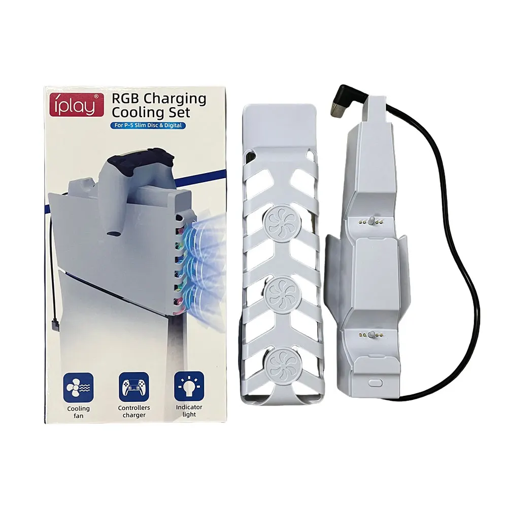저소음 쿨러 선풍기 듀얼 컨트롤러 충전 스테이션, RGB 조명 포함, PS5 슬림 콘솔 및 컨트롤러용 효율적인 냉각 시스템