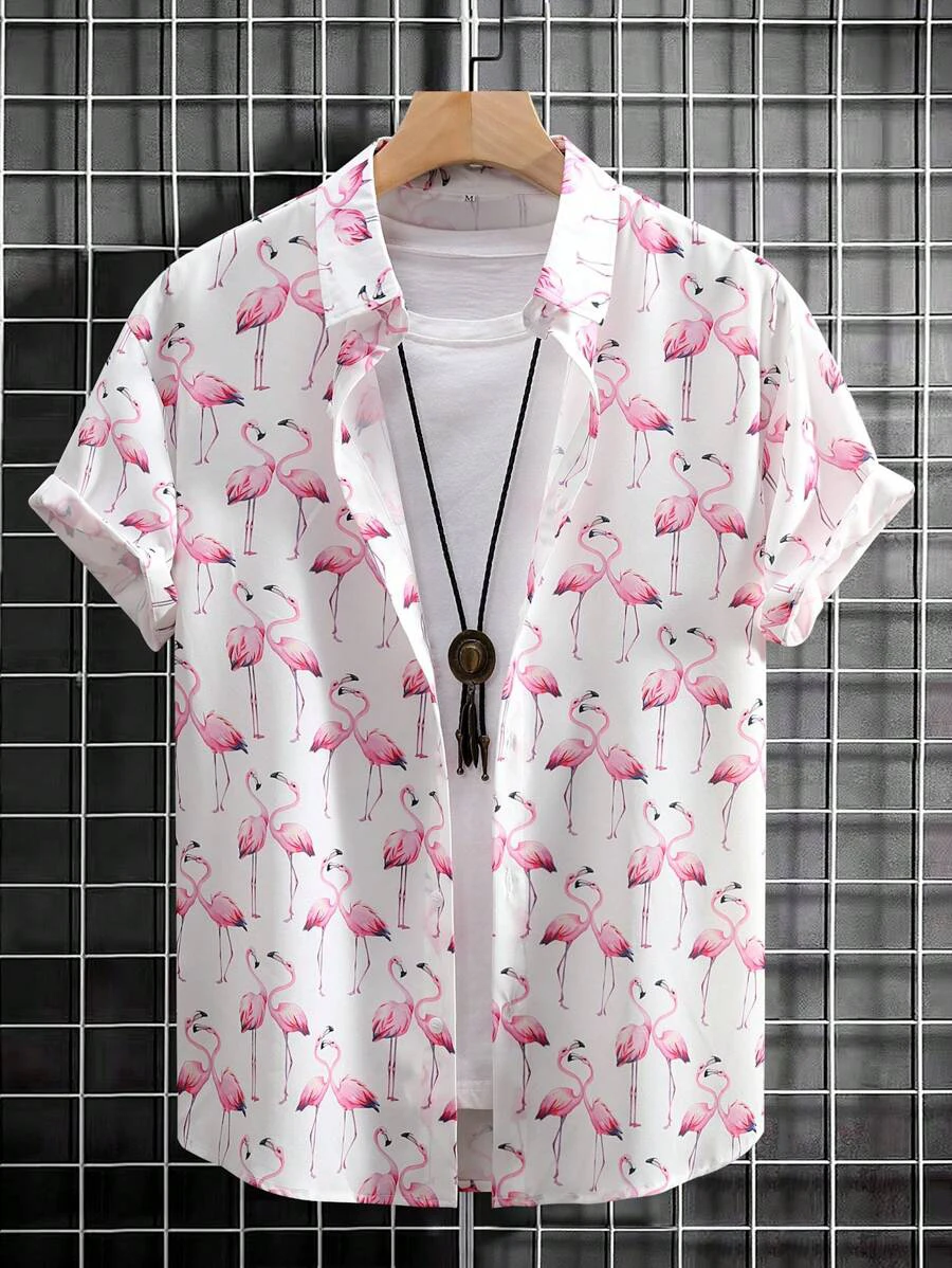 Men's Hawaiian Flamingo Print Shirt Button Down Short Sleeve Casual Shirt 2