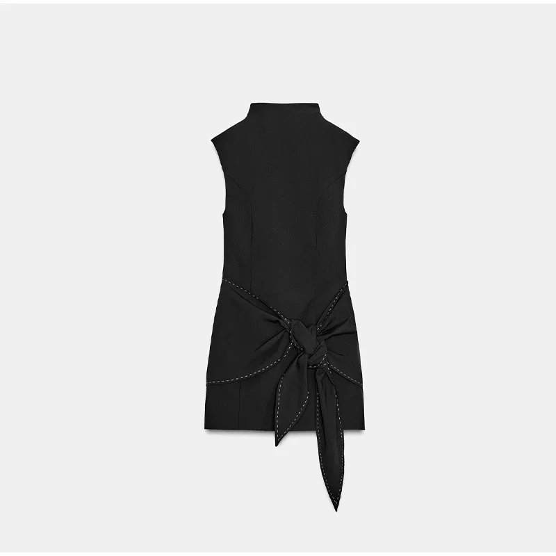 Schwarzes ärmelloses Damenkleid mit Stehkragen, Kontraststich, Krawatte an der Taille, Minikleider 2025, elegante weibliche tägliche All-Match-Vestidos – Detail 10