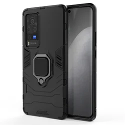 Magnetic Metal Ring Holder Shockproof Armor Case with TPU Bumper and Hard Plastic Back Cover - VIVO X60 Pro Plus (Ring Black)