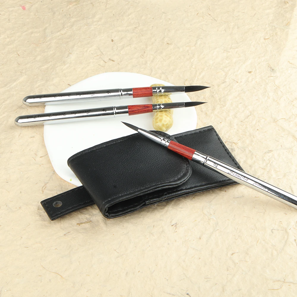 SeamiArt 3pcs/Set Painting Brushes With Portable Pu Brush Bag DivIsible Short Holder Watercolor Journal Paint Brush 5