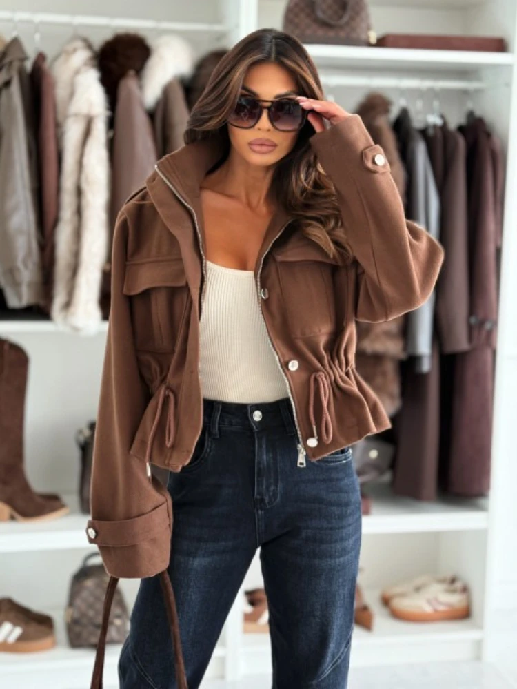 Autumn and Winter New Women's Clothing Stand-up Collar Long-sleeved Button-up Cardigan Jacket Casual Belt Pocket Short Coat