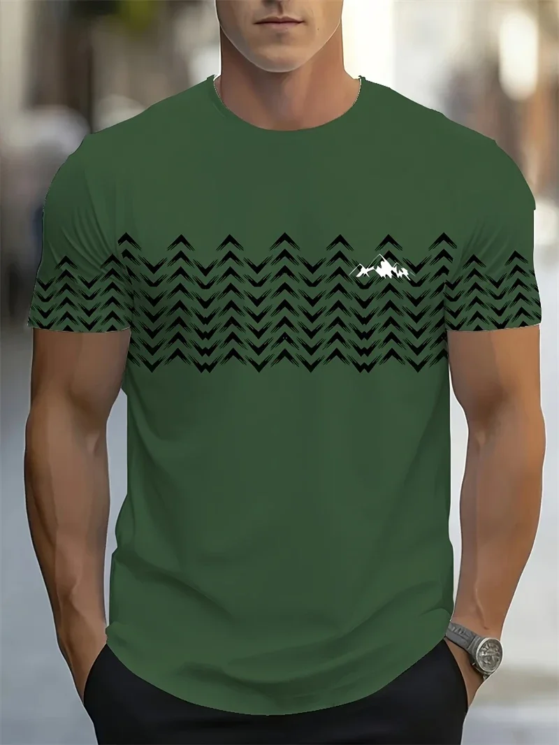 Herren-T-Shirt mit grünem Chevron-Mountain-Print, lässiges T-Shirt mit Rundhalsausschnitt und kurzen Ärmeln, minimalistische geometrische Oberteile für Outdoor-Streetwear