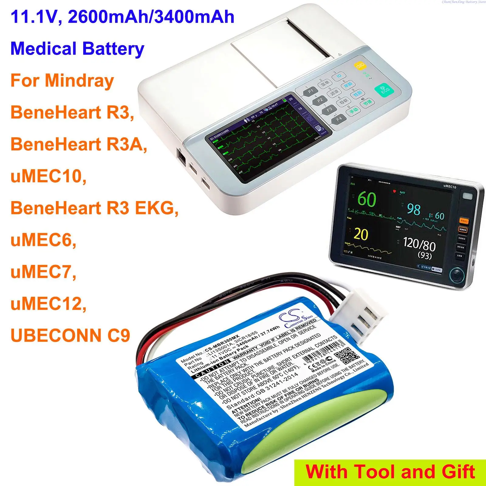 

CameronSino 2600mAh/3400mAh Battery LI13S001A for Mindray BeneHeart R3, R3A, uMEC10, R3 EKG, uMEC6, uMEC7, uMEC12, UBECONN C9