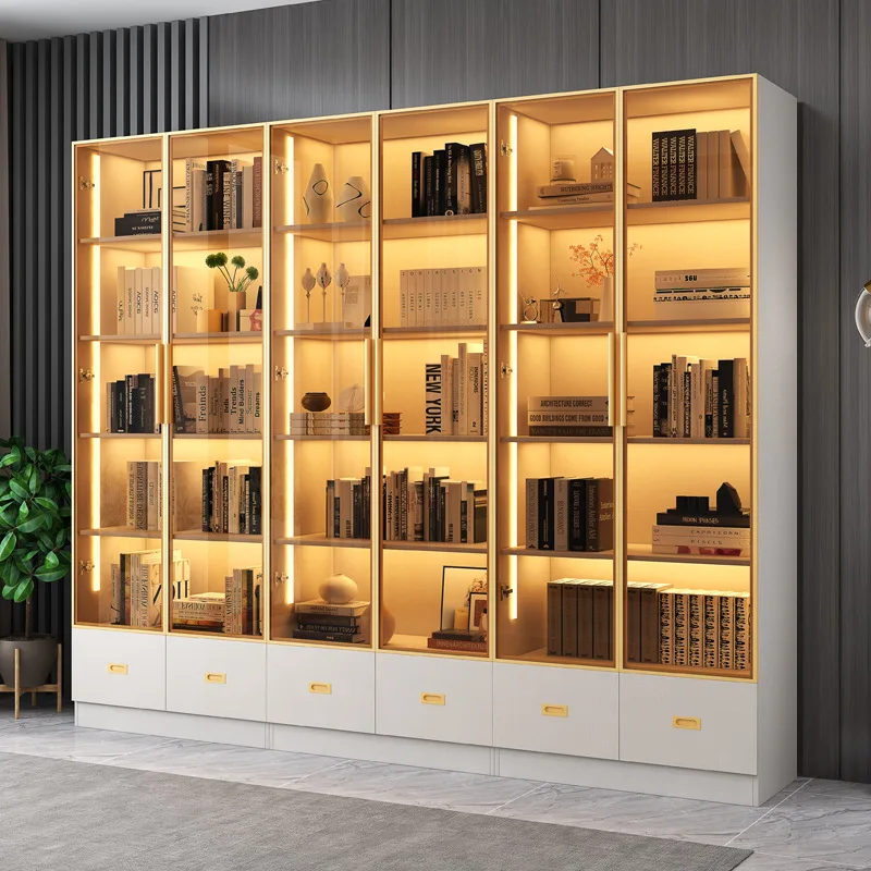 

Light Luxury Glass Door Display Cabinet Modern Minimalist Combined Bookcase Collectibles Bookshelf With Light