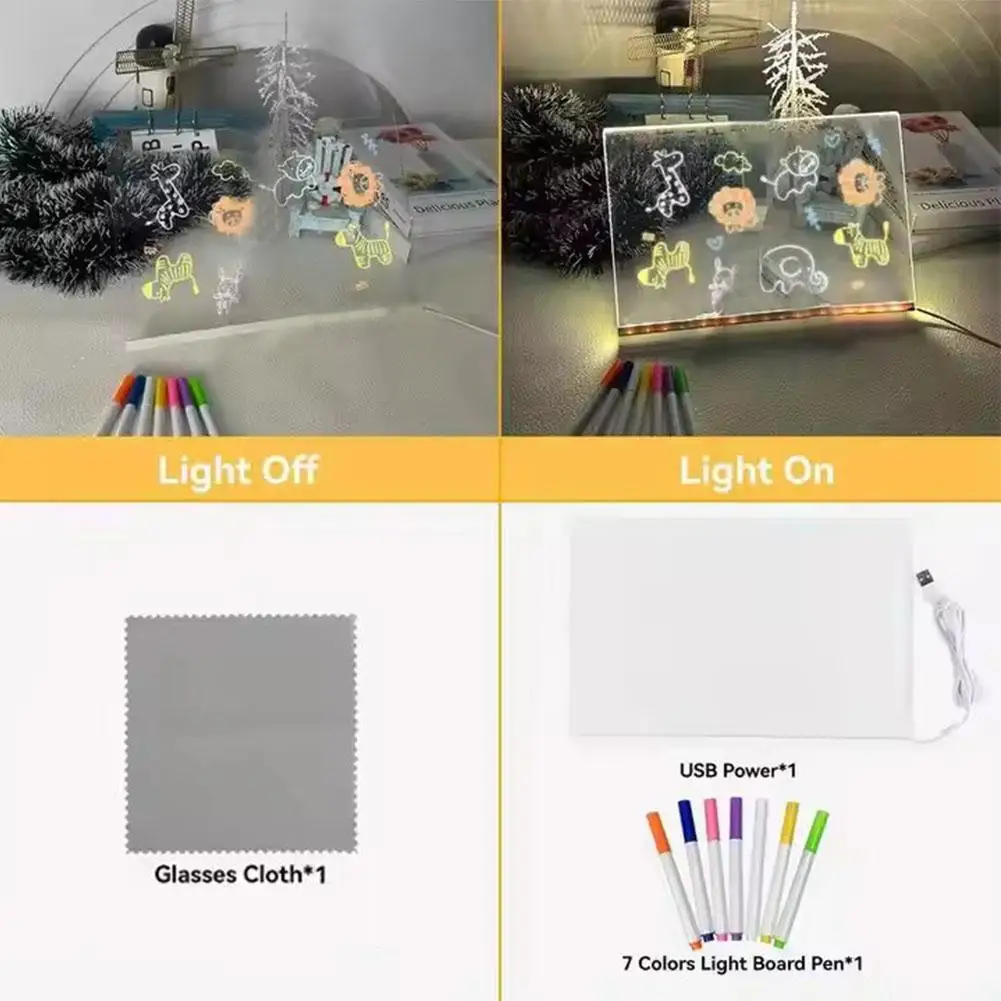 DIY 아크릴 보드 컬러펜 포함 야광 칠판 LED 노트 보드 어린이 그림 장난감 LED 그림판 야간 조명 포함 워드패드