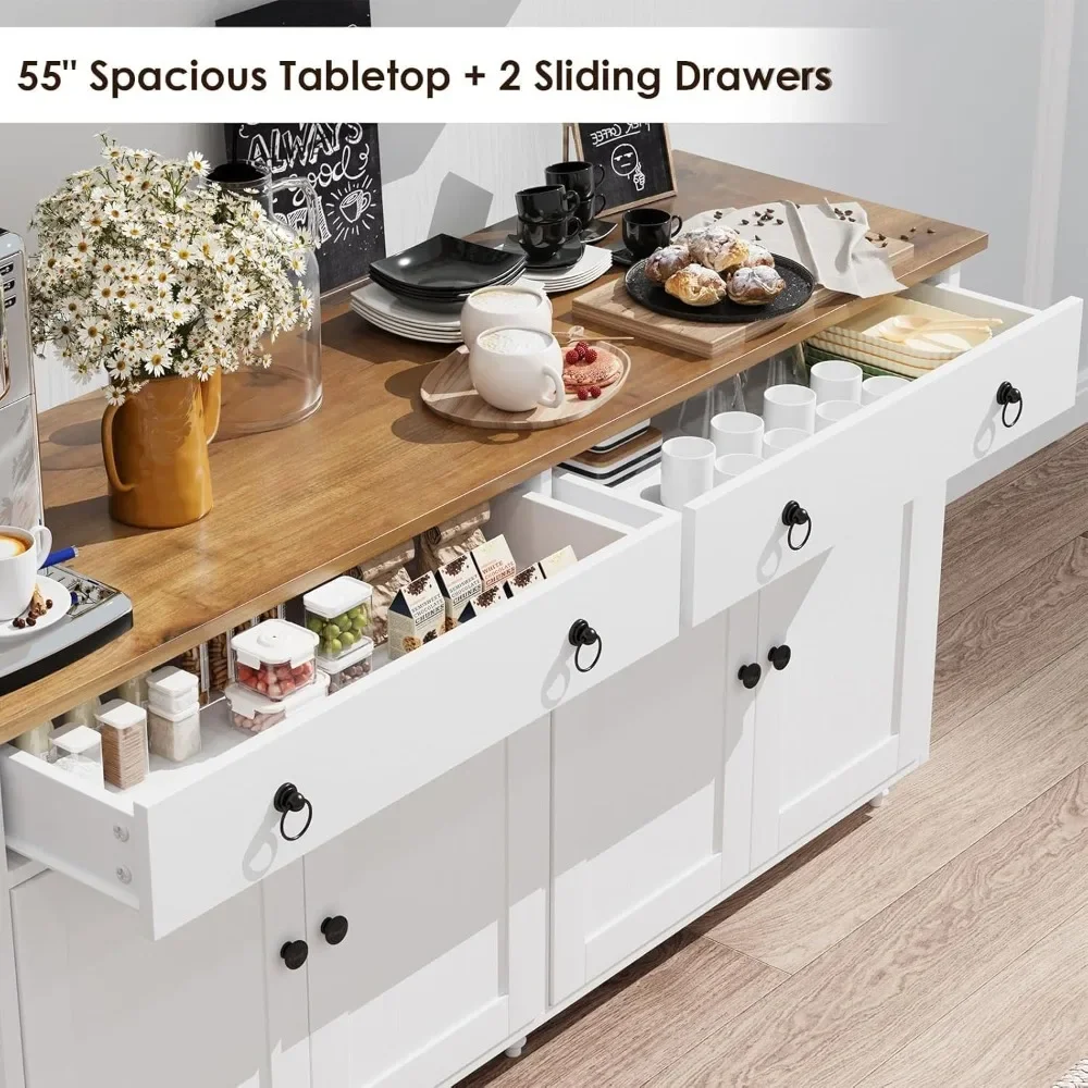 et Cabinet with Storage and 2 Drawers and 4 Doors, Modern Sideboard et Storage Cabinet, Wood Table