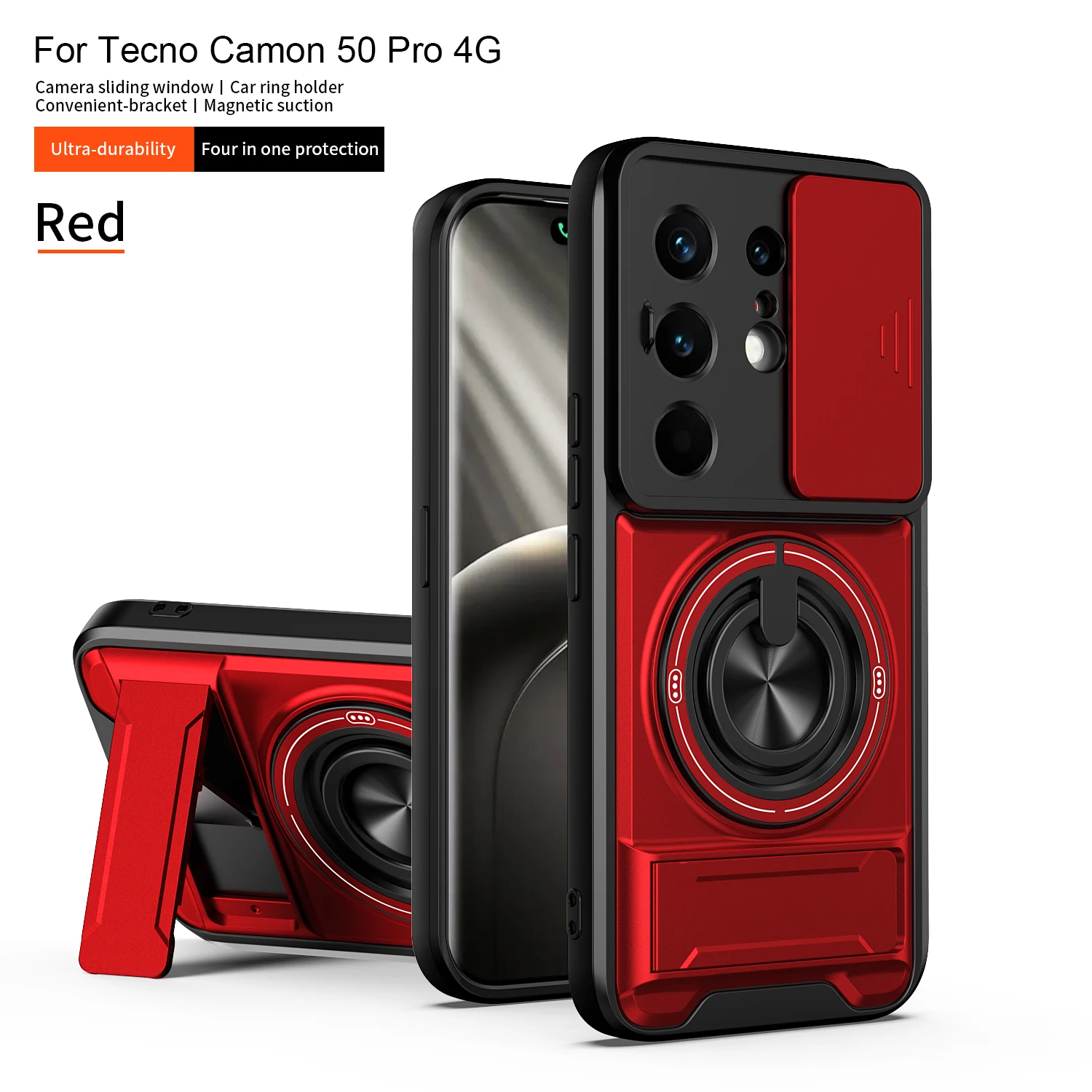 Shockproof Phone Case with Sliding Camera Cap and Built-in Kickstand Magnet Ring
