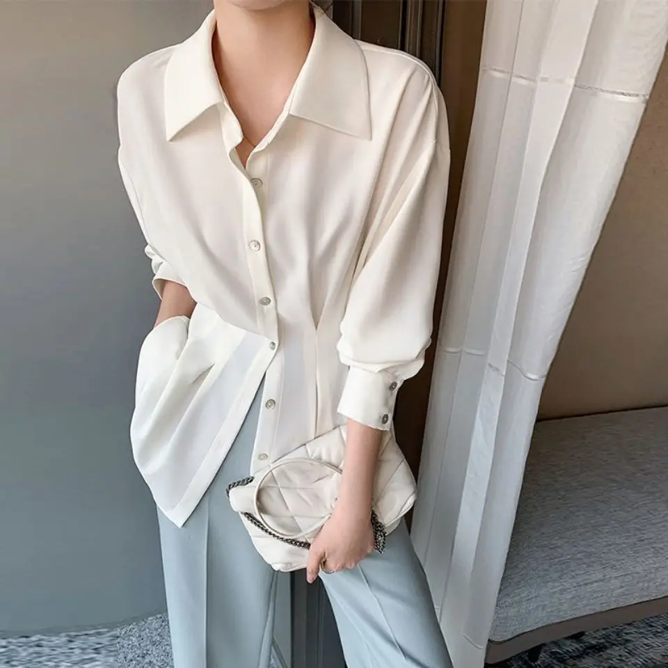 Office Lady Solid Colour Pleated Design Lace Up Belt Chiffon Medium Length Shirt Thin Light Ripe Girl Women Turn Down Collar