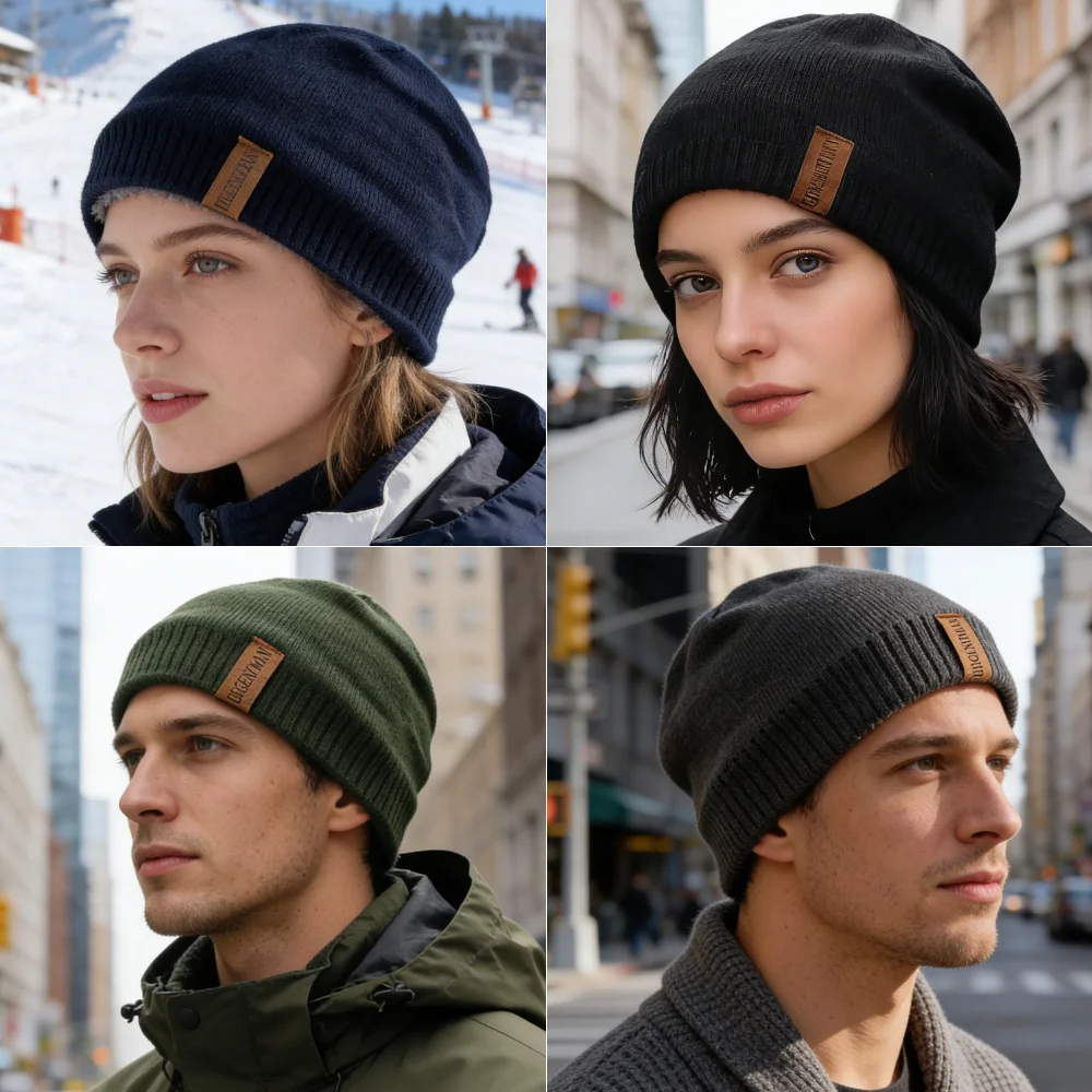 Unisex Letter Labal Winter Hats Solid Color Knitted Hats For Men Women Beanie Cap Outdoor Plush Fur Lining Warm Hats