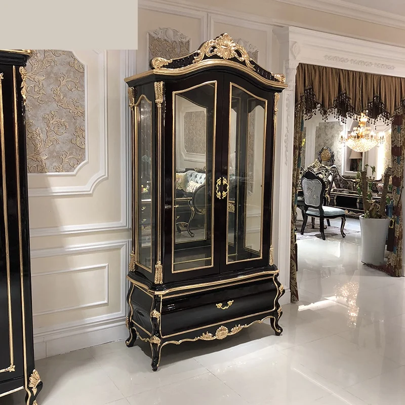 

Винный шкаф в европейском стиле для гостиной из твердой древесины, резной винно-красный роскошный высококлассный шкаф с перегородками и дверью для столовой с двумя дверцами