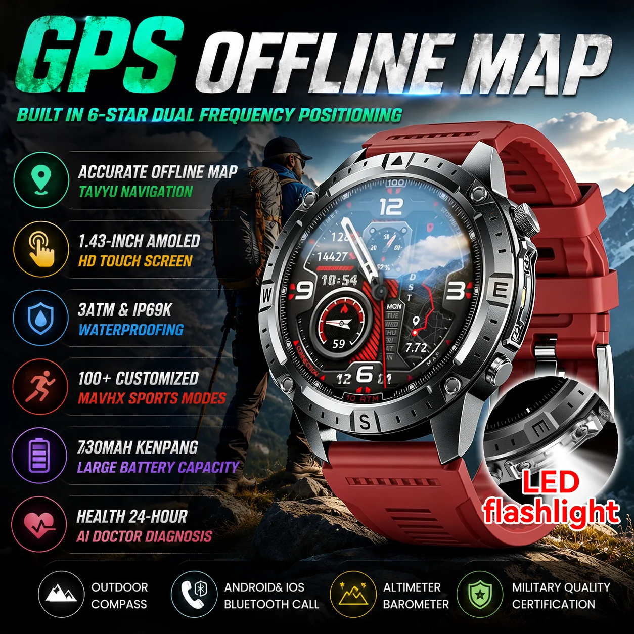Montre connectée GPS d'extérieur nouvelle génération pour homme avec boussole, altimètre, baromètre, lampe torche LED, appels Bluetooth, étanchéité 3ATM, écran AMOLED HD de 1,43 pouces, 2 Go de mémoire, écouteurs TWS, suivi de la santé (fréquence cardiaque/oxygène sanguin/sommeil) 1 Montre connectée GPS d'extérieur nouvelle génération pour homme avec boussole, altimètre, baromètre, lampe torche LED, appels Bluetooth, étanchéité 3ATM, écran AMOLED HD de 1,43 pouces, 2 Go de mémoire, écouteurs TWS, suivi de la santé (fréquence cardiaque/oxygène sanguin/sommeil) 1
