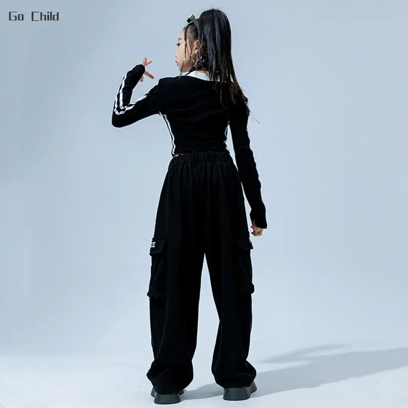 Hip Hop Girls Crop Polo Shirt Cargo Pants Kids Sweatshirt Street Dance Letter Joggers Child Streetwear Clothes Sets Jazz Costume