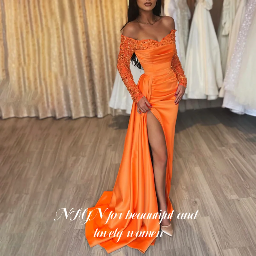 فستان NFYN لامع بأكمام طويلة للحفلات الذهبية بفتحة...