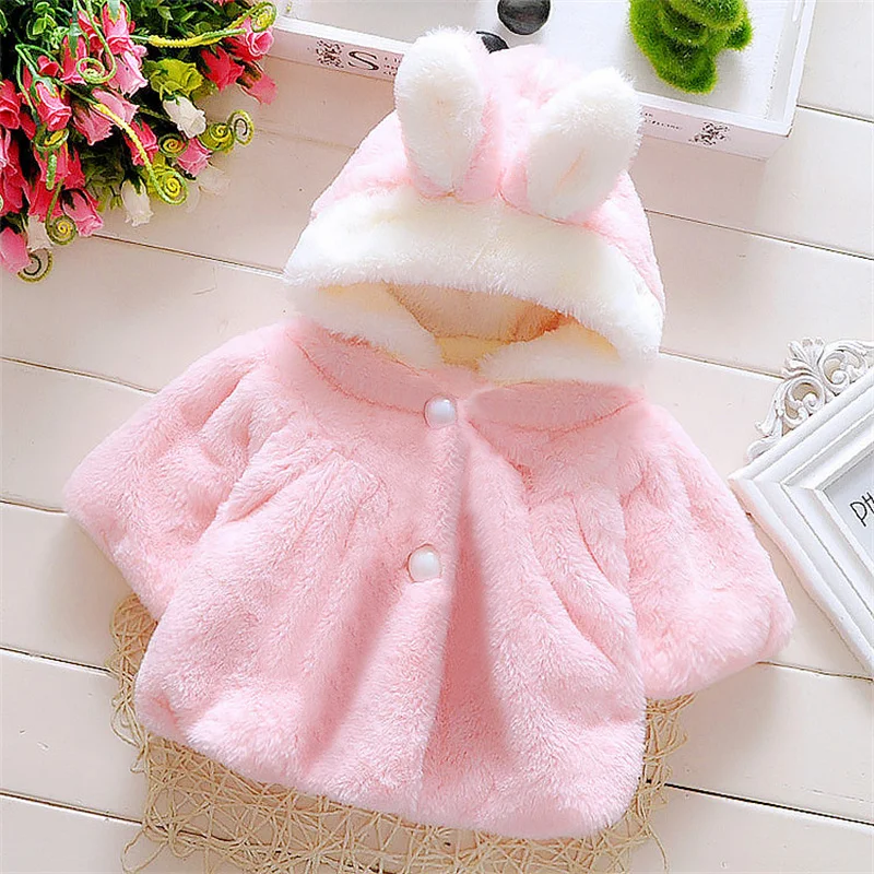 

Baby Girls Plush Coat Winter Infants Warm Fleece Jacket Kids Cute Rabbit Ears Solid Outwear Children Faux Fur Cape Clothing 0-3Y